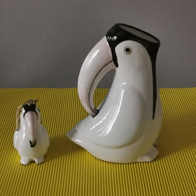 pichet ou vase avec salière en céramique, oiseau, toucan vintage années 80 - Maison Panache